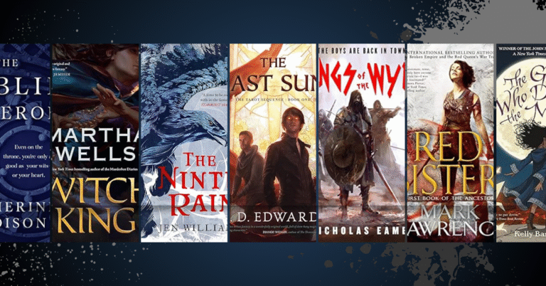 Collage of fantasy book covers including The Goblin Emperor, Witch King, The Ninth Rain, The Last Sun, Kings of the Wyld, Red Sister, and The Girl Who Drank the Moon.