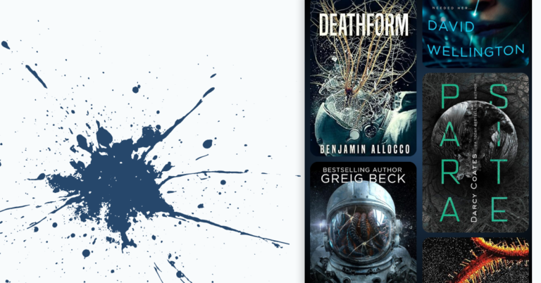 Light gray graphic with a dark blue ink splatter on the left and a vertical column of sci-fi horror book covers on the right