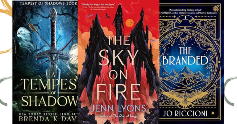 Image featuring covers from the books The Sky on Fire, Branded, and Tempest of Shadows