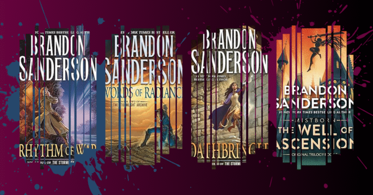 Covers of Brandon Sanderson’s Cosmere books including Rhythm of War, Words of Radiance, Oathbringer, and The Well of Ascension, featured for a ranked list on Apropos Books.