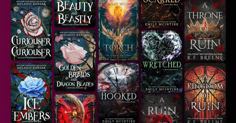 Collage of romantasy fairytale retelling book covers by authors like Melanie Karsak, Emily McIntire, Ashley McLeo, and K.F. Breene featuring reimagined stories like Beauty and the Beast, Rapunzel, Alice in Wonderland, and more