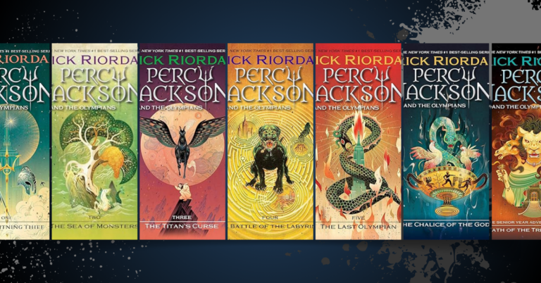 Covers of multiple Percy Jackson books displayed in a row against a dark starry background.