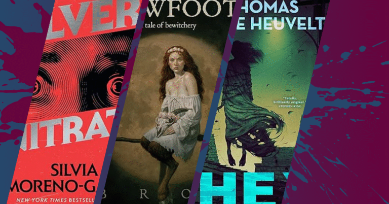 Collage of witch horror book covers including Silver Nitrate, Slewfoot, and HEX, with a dark purple background and eerie design elements.