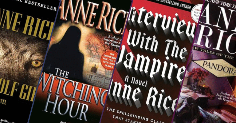 Covers of Anne Rice’s first-in-series novels including The Wolf Gift, The Witching Hour, Interview with the Vampire, and Pandora.