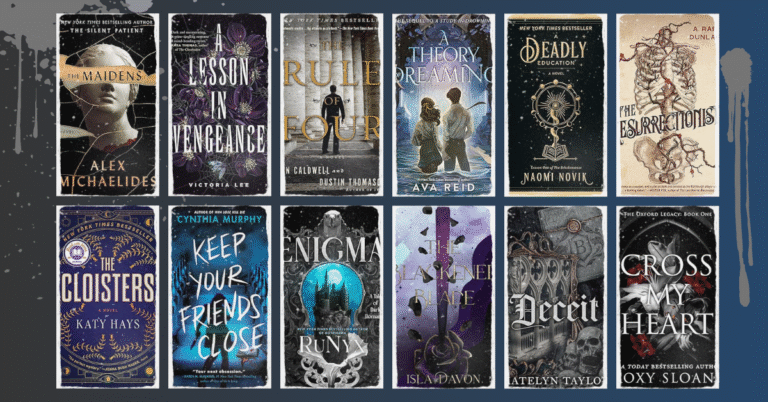 Featured image for Apropos dark academia roundup showing twelve book covers in a grid on a navy background with paint-splatter accents.