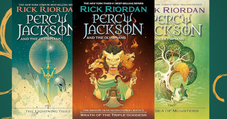 Featured image of three Percy Jackson and the Olympians book covers: The Lightning Thief, Wrath of the Triple Goddess, and The Sea of Monsters.