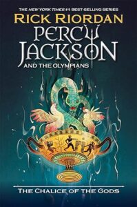 Cover of Percy Jackson and the Olympians: The Chalice of the Gods featuring a golden chalice surrounded by mystical smoke, with two white doves flying above it against a dark, starry background.