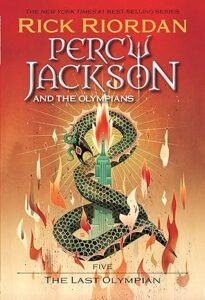 Cover of Percy Jackson and the Olympians: The Last Olympian featuring a coiled green serpent wrapped around a burning torch with flames rising against a red background.