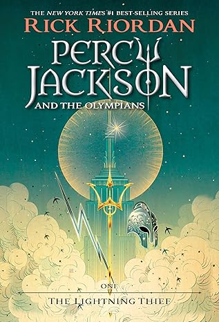 Cover of Percy Jackson and the Olympians: The Lightning Thief by Rick Riordan. The artwork features a glowing trident with lightning and an ancient helmet in front of a celestial backdrop with clouds and stars.