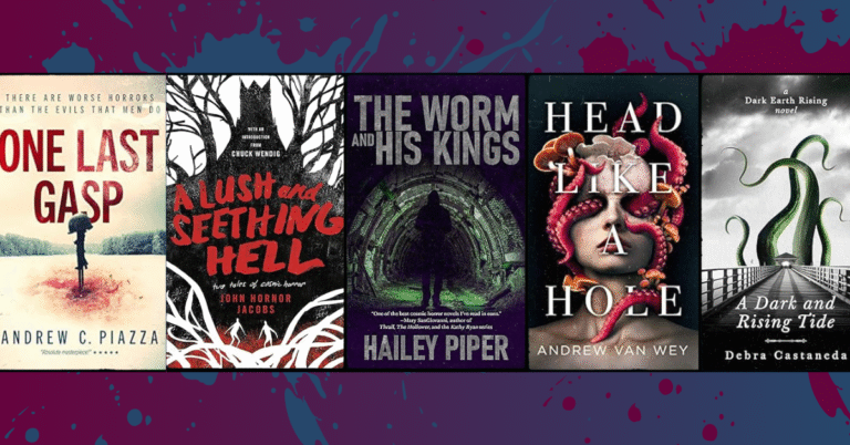 Five eldritch horror book covers—One Last Gasp, A Lush and Seething Hell, The Worm and His Kings, Head Like a Hole, and A Dark and Rising Tide—on a dark cosmic background promoting Apropos Books’ eldritch horror roundup.