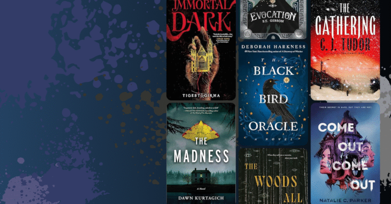 Collage of fantasy and horror book covers including Immortal Dark, Evocation, The Gathering, The Madness, The Black Bird Oracle, The Woods All Black, and Come Out, Come Out on a dark blue splattered background.