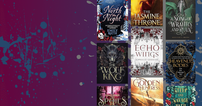 Collage of fantasy romance book covers including The Wolf King, The Jasmine Throne, and A Song of Wraiths and Ruin against a dark purple splattered background.