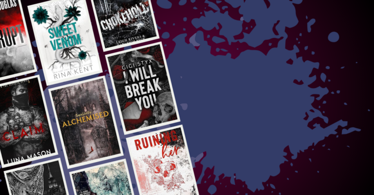 Book covers for various dark romance novels arranged in a tilted column on the left, with a dark purple splatter background on the right.