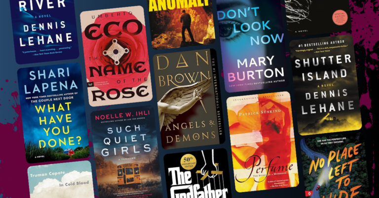 Collage of mystery and suspense book covers including Shutter Island, The Name of the Rose, What Have You Done, Such Quiet Girls, Perfume, Angels and Demons, and other titles.