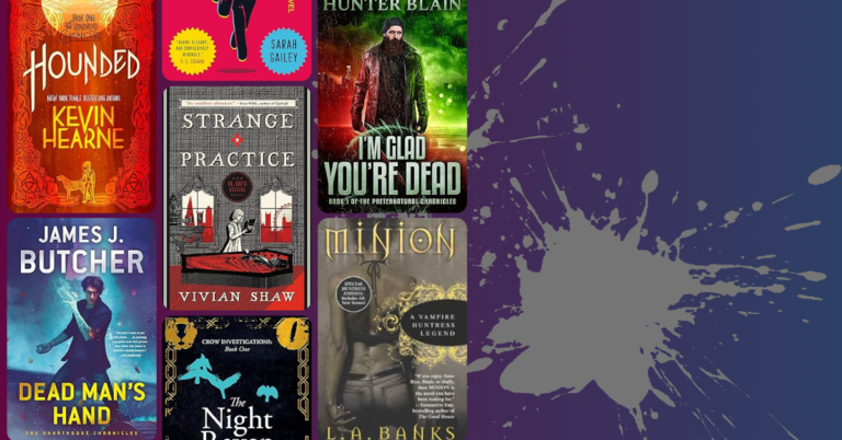 Collage of urban fantasy book covers on the left beside a purple background with gray paint splatter design on the right.