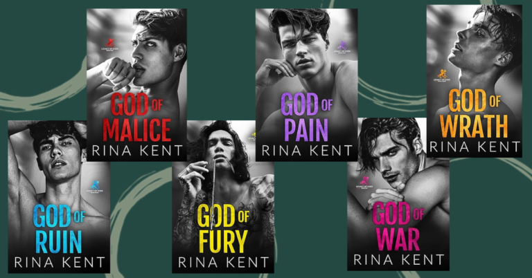 Cover images of Rina Kent’s Legacy of Gods series, featuring six dark romance novels with intense, brooding male characters: God of Malice, God of Pain, God of Wrath, God of Ruin, God of Fury, and God of War.