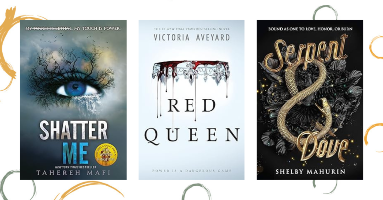 Image featuring covers for shatter me, red queen, and serpent and dove