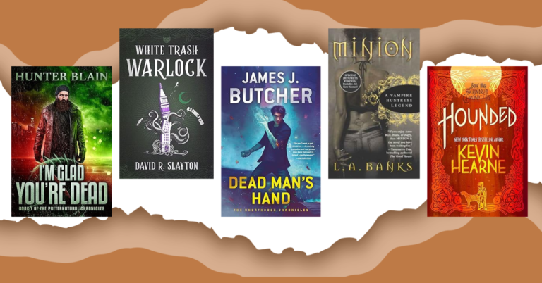 Image featuring covers for the books I'm Glad You're Dead, White Trash Warlock, Dead Man's Hand, Minion, and Hounded