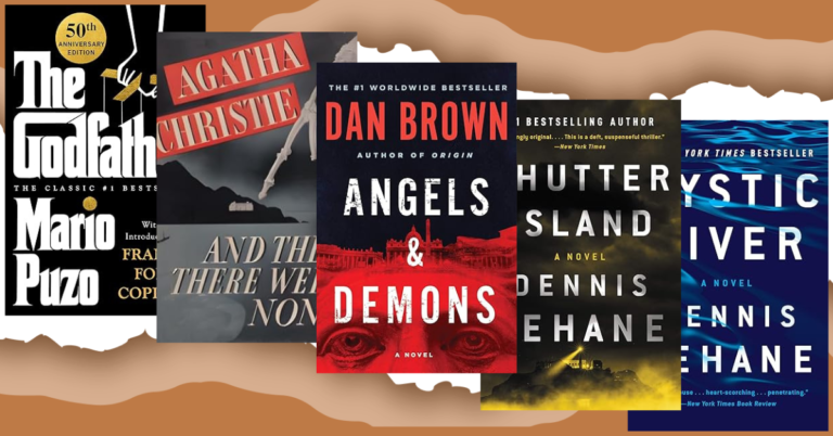 A collection of five book covers featuring iconic mystery and suspense novels, including The Godfather, And Then There Were None, Angels & Demons, Shutter Island, and Mystic River.
