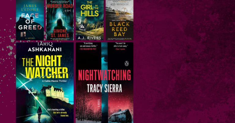 Mystery and thriller book covers arranged on a burgundy textured background for a suspenseful book recommendation roundup.