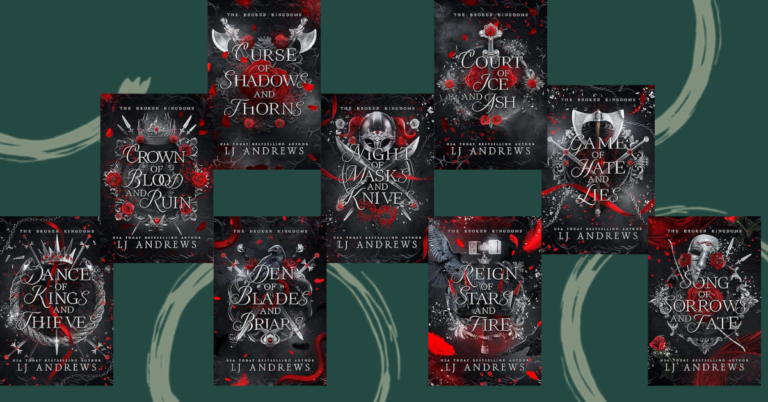 Cover images of LJ Andrews' The Broken Kingdoms series, featuring dark, intricate fantasy designs with red and black themes.