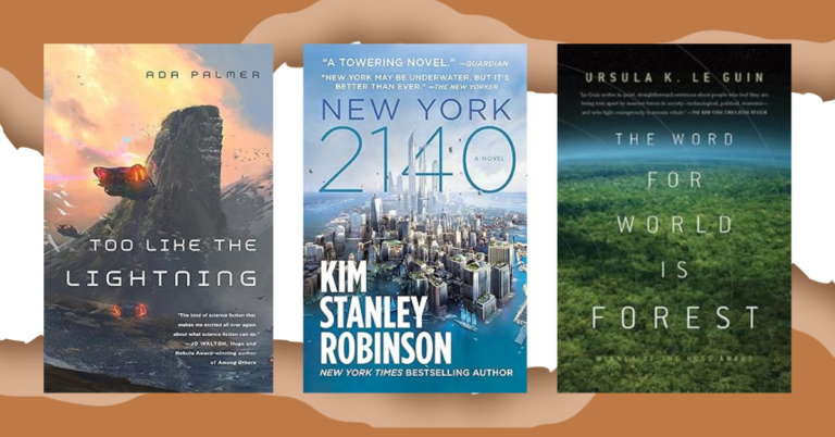 Image featuring covers of Too Like the Lightning, New York 2140, The Word for World is Forest