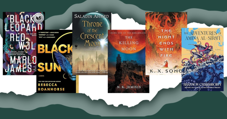 Image featuring covers for Black Leopard, Red Wolf, Black Sun, Throne of the Crescent Moon, The Killing Moon, The Night Ends with Fire, and The Adventures of Amina al-Sirafi