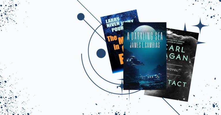 Three science fiction book covers arranged on a white background with navy orbit lines, stars, and ink splatter accents.