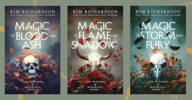 Book covers of Kim Richardson's The Witches of Moonfell series, featuring Magic of Flame and Shadow, Magic of Blood and Ash, and Magic of Storm and Fury, each showcasing hauntingly atmospheric designs with skulls, roses, feathers, and a mystical tone.