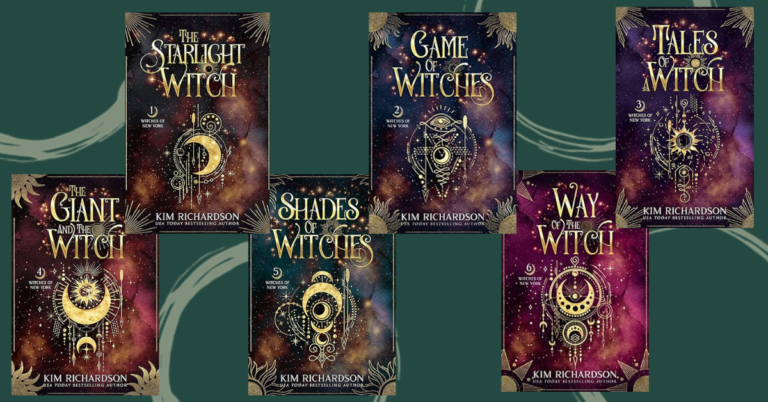 Book covers of Kim Richardson’s Witches of New York series, featuring titles: The Starlight Witch, Game of Witches, Tales of a Witch, The Giant and the Witch, Shades of Witches, and Way of the Witch.