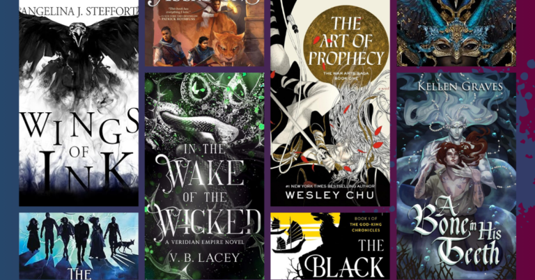 Collage of fantasy book covers arranged in a grid on a dark blue and purple background.