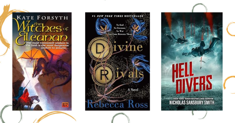 image featuring covers for Divine Rivals, The Witches of Eileanan, and Hell Divers