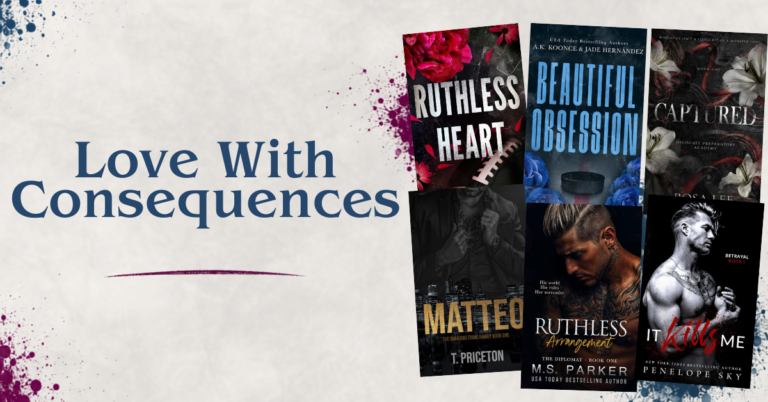 Collage of dark romance book covers on a cream background with burgundy and navy accent
