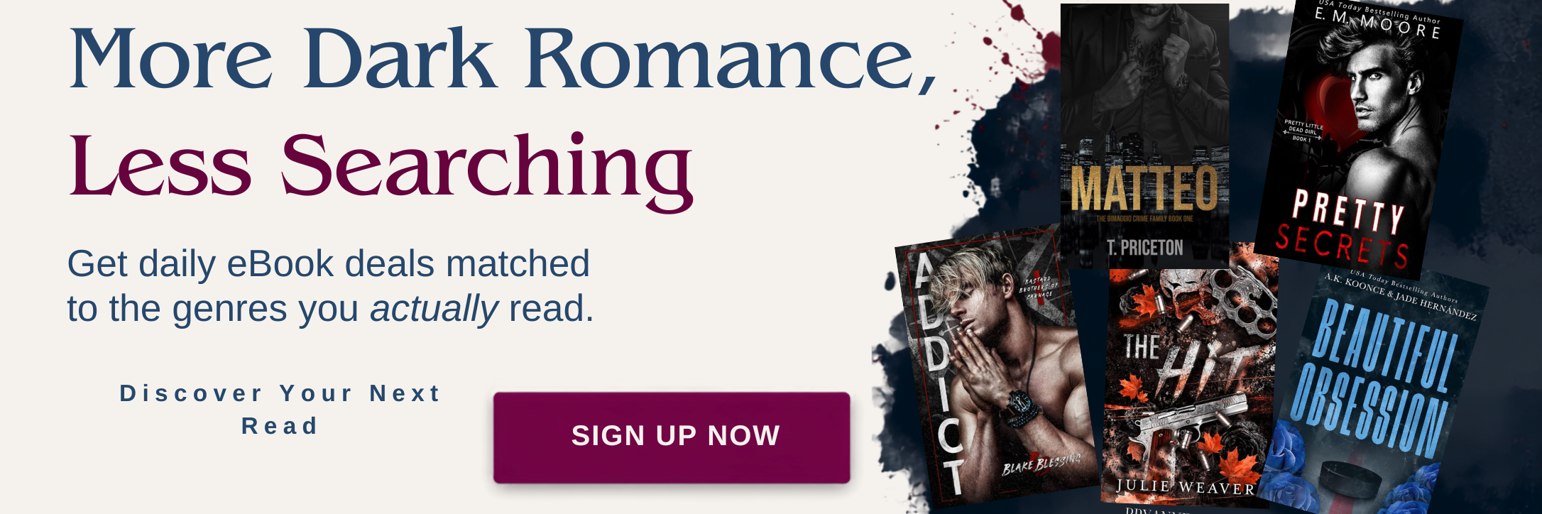 Newsletter sign-up banner with dark romance book covers and an invitation to receive daily eBook deals.