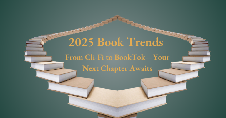 A staircase made of books forming a heart shape, with text reading '2025 Book Trends: From Cli-Fi to BookTok—Your Next Chapter Awaits' against a gradient background.