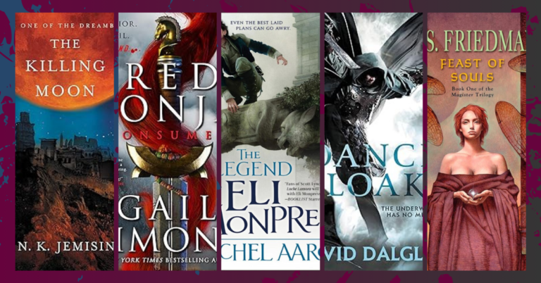 Five fantasy book covers arranged side by side on a magenta and dark blue patterned background.
