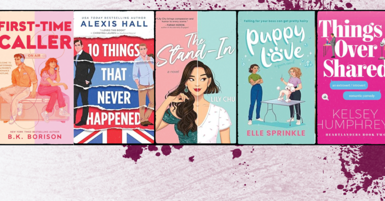 Collage of five romantic comedy book covers on a pink textured background with paint splatter details