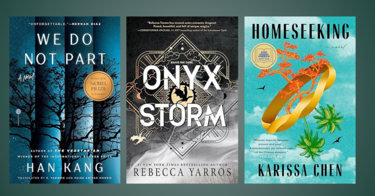 Image featuring covers for We Do Not Part, Onyx Storm, and Homeseeking