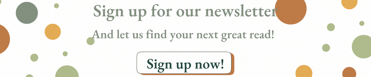 Animated banner encouraging users to sign up for a newsletter to discover their next great read, featuring a "Sign up now!" button with a playful dotted design.