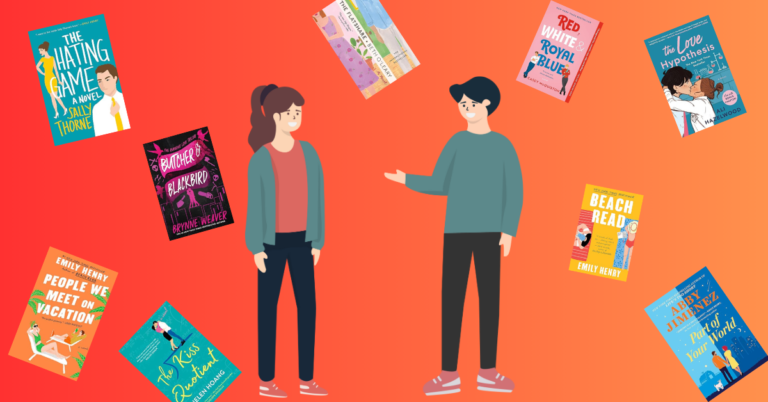An illustration of two characters talking, surrounded by romantic comedy book covers like The Hating Game, Beach Read, and The Love Hypothesis.