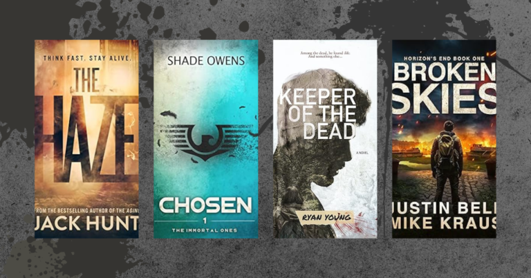 Four post-apocalyptic fiction book covers displayed on a gray textured background with ink splatter accents.