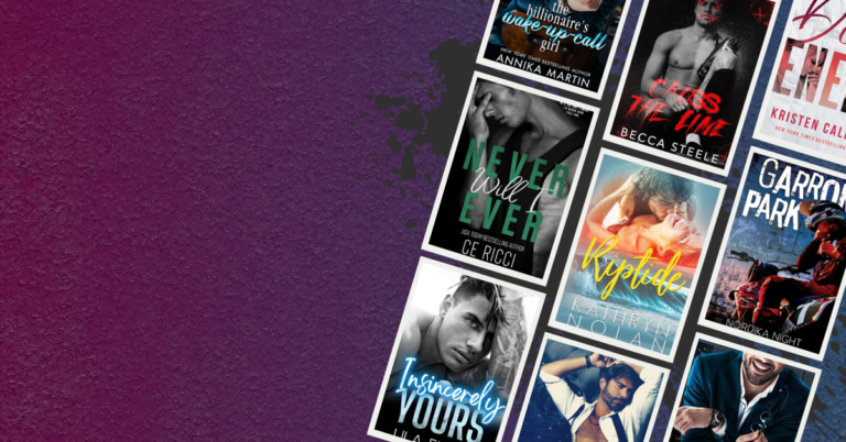 Featured image for enemies-to-lovers romance books showing a purple textured background with romance book covers arranged along the right side.