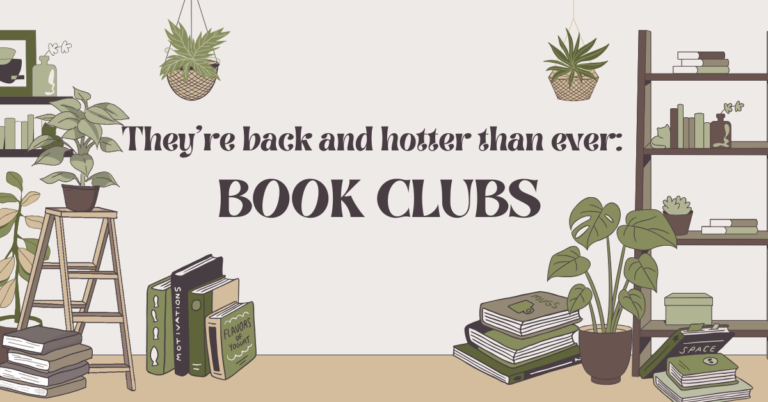 image featuring "book clubs" text, plants, ladders, and books