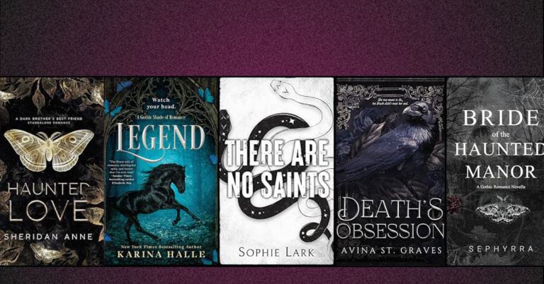 Collage of gothic romance book covers including Haunted Love, Legend, There Are No Saints, Death’s Obsession, and Bride of the Haunted Manor on a dark purple background.