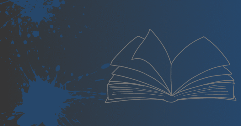 Dark blue gradient background with ink splatter on the left and a simple line drawing of an open book on the right.