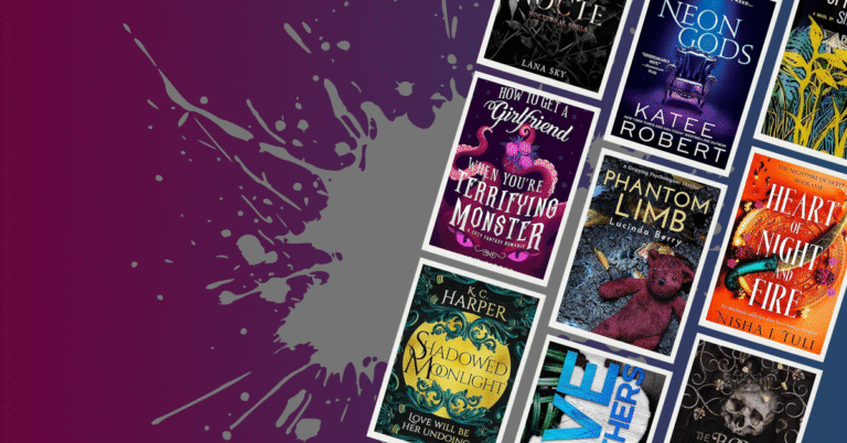Purple splatter background with angled book covers including How to Get a Girlfriend When You’re a Terrifying Monster and Heart of Night and Fire