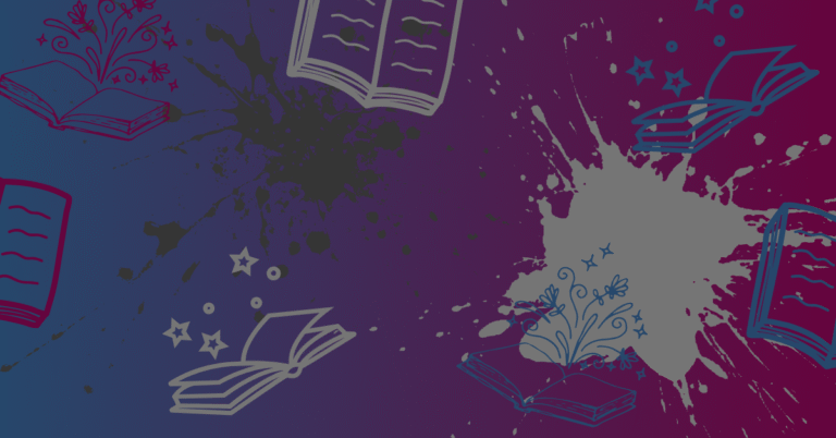 Illustrated background with scattered open books and ink splashes on a gradient blue-purple backdrop. No text overlay.