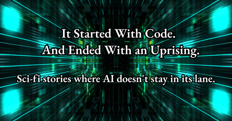 Text graphic with digital background reading: It Started With Code. And Ended With an Uprising. Sci-fi stories where AI doesn’t stay in its lane.