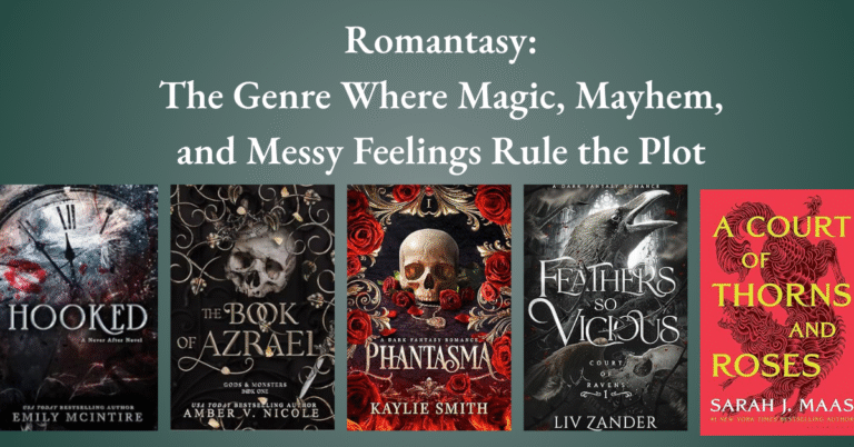 Banner showing book covers from the romantasy genre, including Hooked, The Book of Azrael, Phantasma, Feathers So Vicious, and A Court of Thorns and Roses.