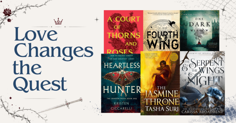 Book covers for A Court of Thorns and Roses, Fourth Wing, One Dark Window, Heartless Hunter, The Jasmine Throne, and The Serpent and the Wings of Night arranged on a cream background to describe what is romantasy.